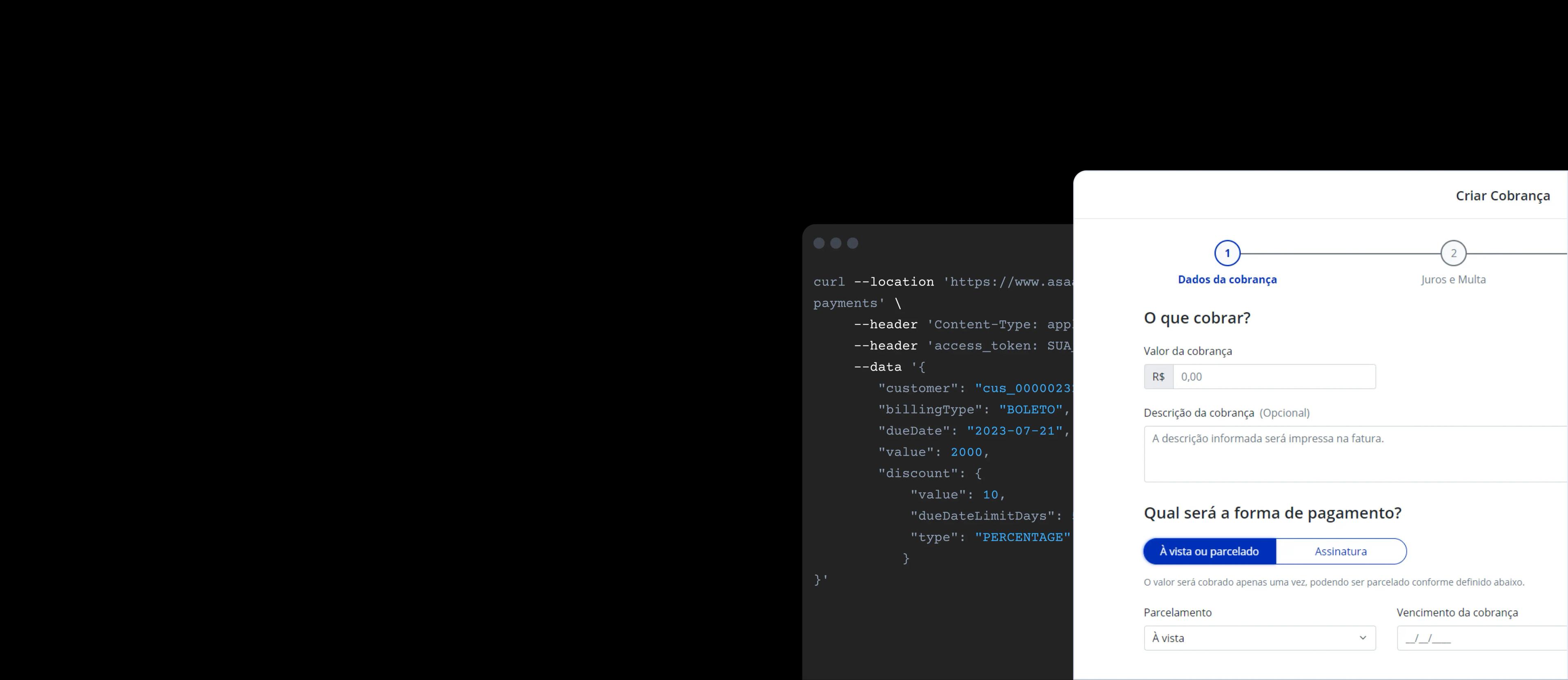 Imagem com a interface do Asaas e alguns códigos da API Asaas.